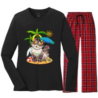 Cute Cat & Xmas Lights Palm Tree Christmas In July Summer Women's Long Sleeve Flannel Pajama Set 