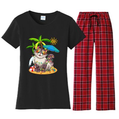 Cute Cat & Xmas Lights Palm Tree Christmas In July Summer Women's Flannel Pajama Set