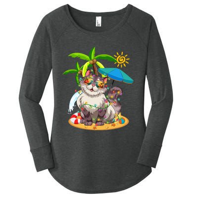 Cute Cat & Xmas Lights Palm Tree Christmas In July Summer Women's Perfect Tri Tunic Long Sleeve Shirt