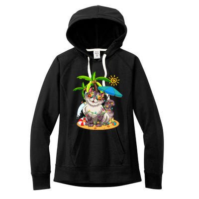 Cute Cat & Xmas Lights Palm Tree Christmas In July Summer Women's Fleece Hoodie