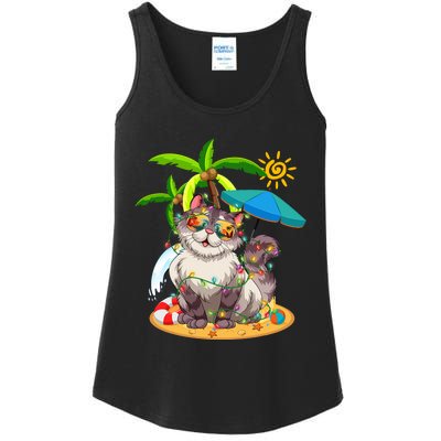 Cute Cat & Xmas Lights Palm Tree Christmas In July Summer Ladies Essential Tank