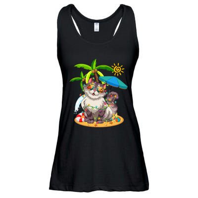 Cute Cat & Xmas Lights Palm Tree Christmas In July Summer Ladies Essential Flowy Tank