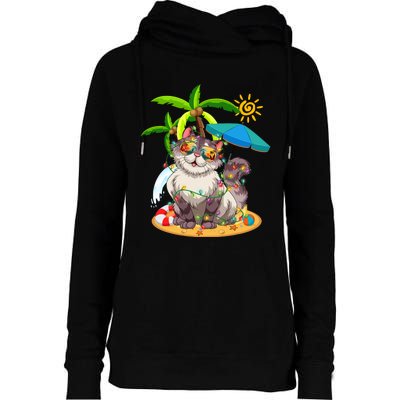 Cute Cat & Xmas Lights Palm Tree Christmas In July Summer Womens Funnel Neck Pullover Hood