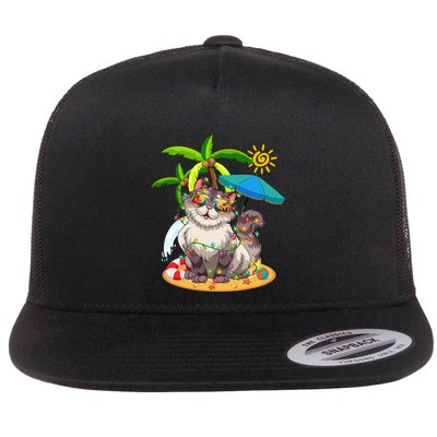 Cute Cat & Xmas Lights Palm Tree Christmas In July Summer Flat Bill Trucker Hat