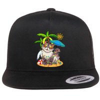 Cute Cat & Xmas Lights Palm Tree Christmas In July Summer Flat Bill Trucker Hat