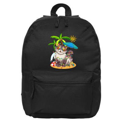 Cute Cat & Xmas Lights Palm Tree Christmas In July Summer 16 in Basic Backpack