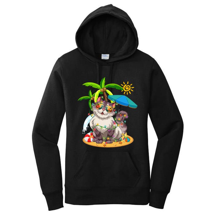 Cute Cat & Xmas Lights Palm Tree Christmas In July Summer Women's Pullover Hoodie