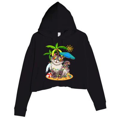 Cute Cat & Xmas Lights Palm Tree Christmas In July Summer Crop Fleece Hoodie