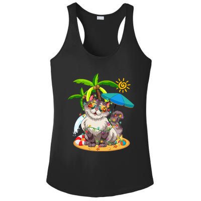 Cute Cat & Xmas Lights Palm Tree Christmas In July Summer Ladies PosiCharge Competitor Racerback Tank