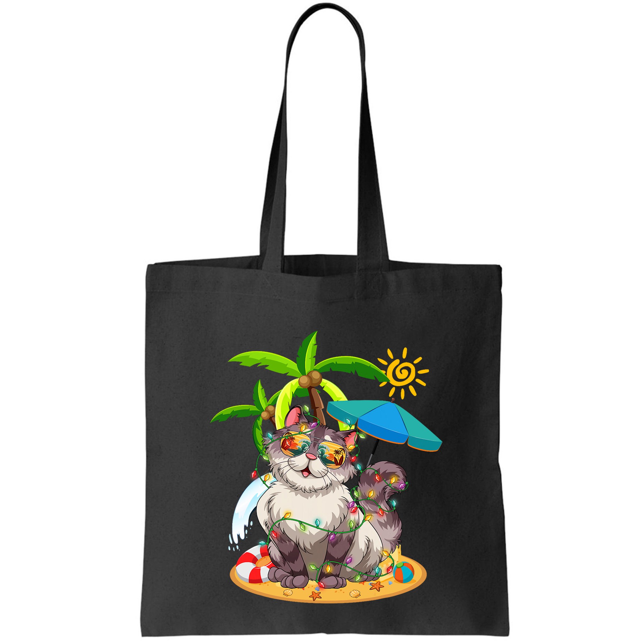Cute Cat & Xmas Lights Palm Tree Christmas In July Summer Bag