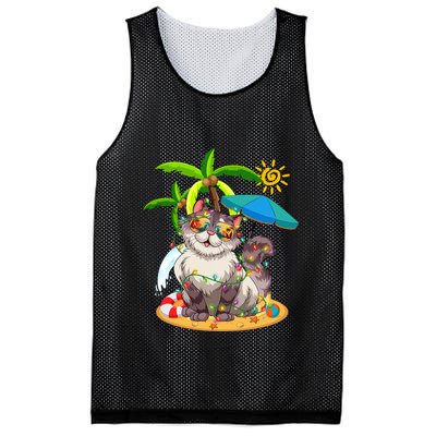 Cute Cat & Xmas Lights Palm Tree Christmas In July Summer Mesh Reversible Basketball Jersey Tank