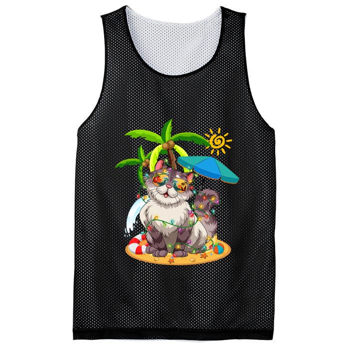 Cute Cat & Xmas Lights Palm Tree Christmas In July Summer Mesh Reversible Basketball Jersey Tank