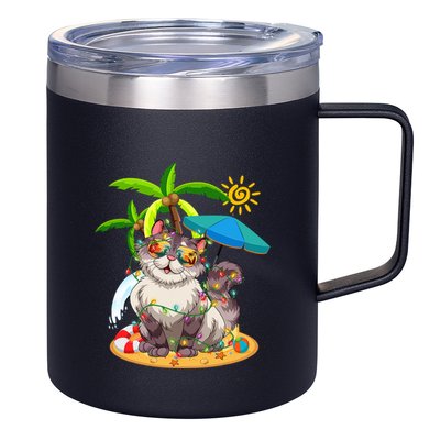 Cute Cat & Xmas Lights Palm Tree Christmas In July Summer 12oz Stainless Steel Coffee Mug