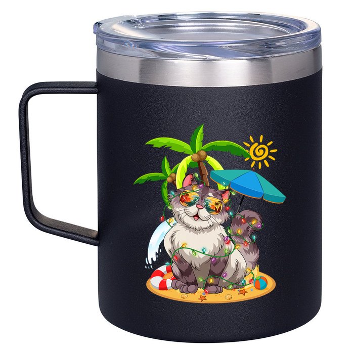 Cute Cat & Xmas Lights Palm Tree Christmas In July Summer 12oz Stainless Steel Coffee Mug
