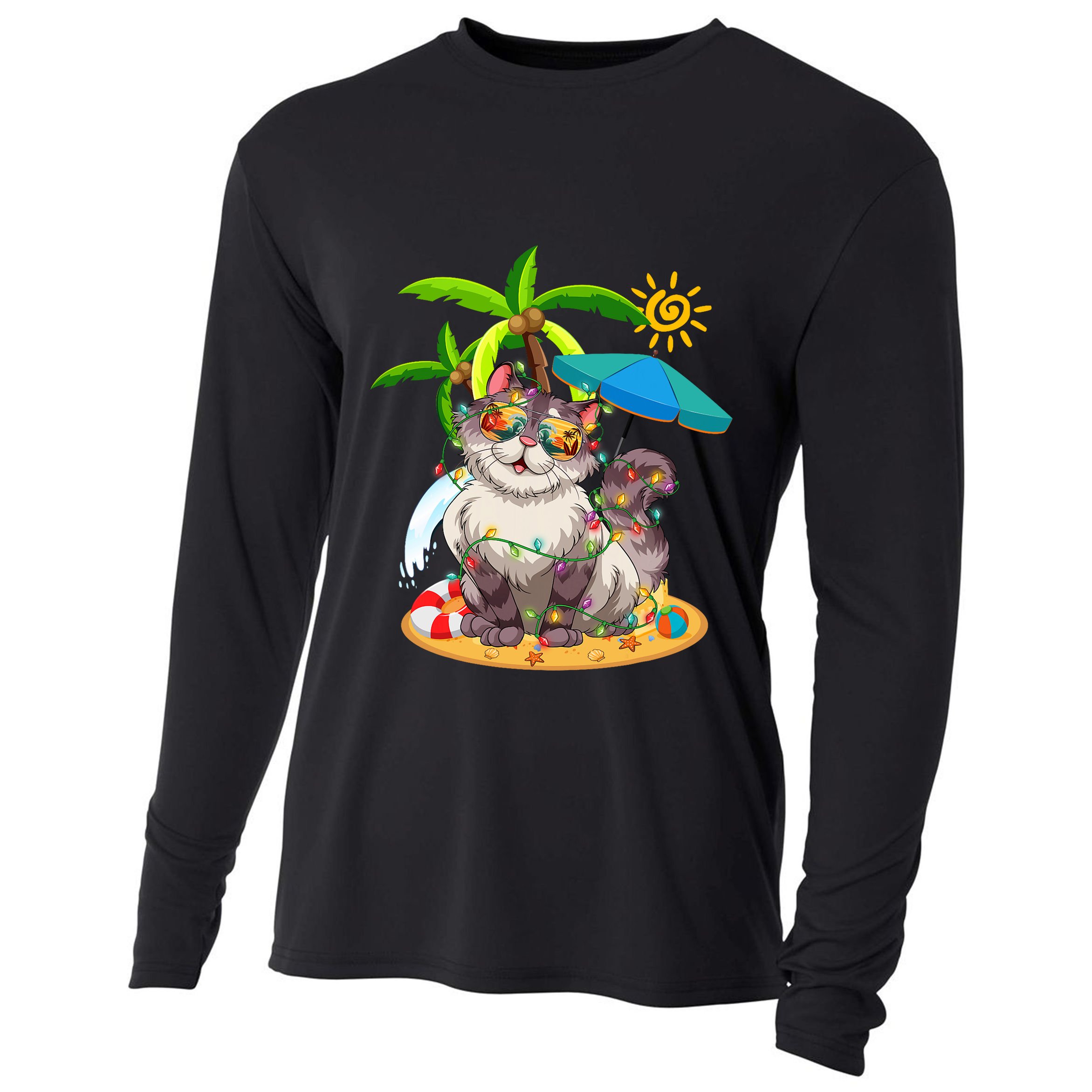 Cute Cat & Xmas Lights Palm Tree Christmas In July Summer Cooling Performance Long Sleeve Crew
