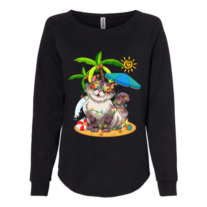 Cute Cat & Xmas Lights Palm Tree Christmas In July Summer Womens California Wash Sweatshirt