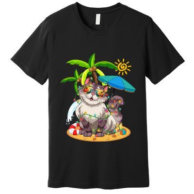 Cute Cat & Xmas Lights Palm Tree Christmas In July Summer Premium T-Shirt