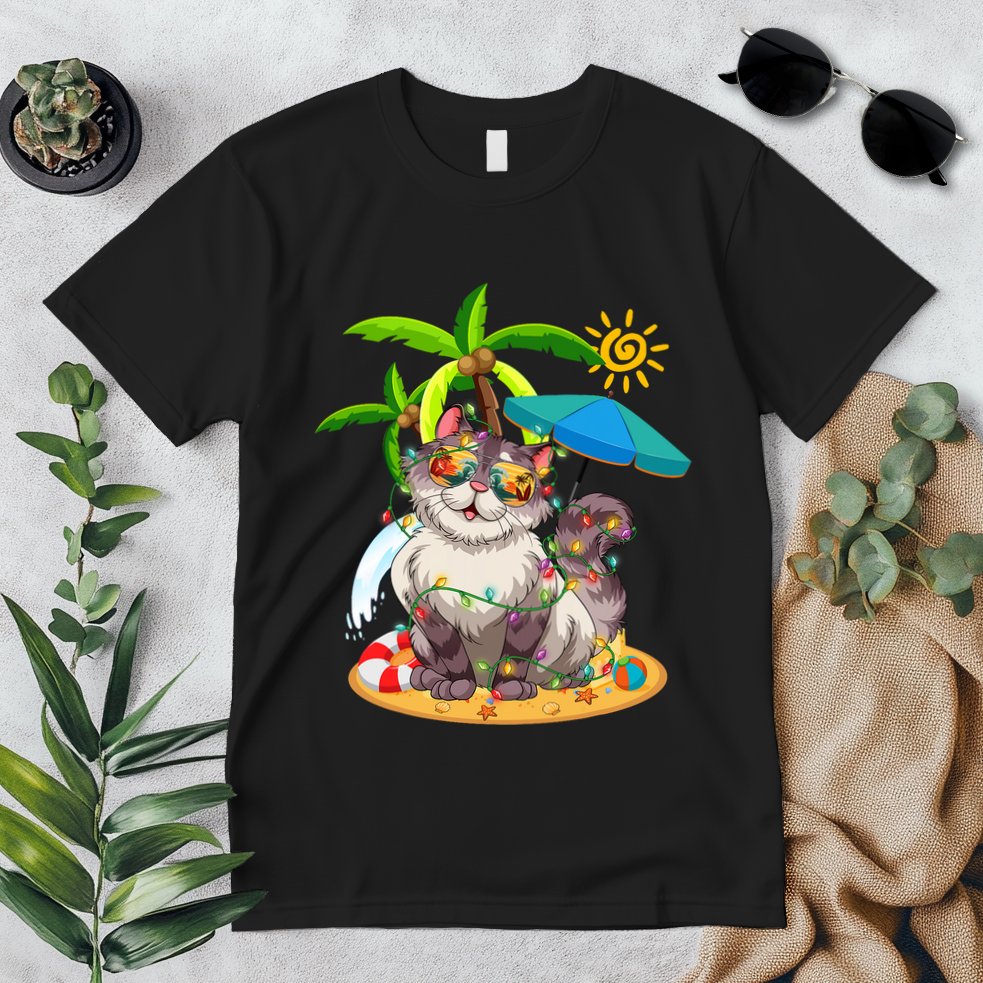 Cute Cat & Xmas Lights Palm Tree Christmas In July Summer Premium T-Shirt