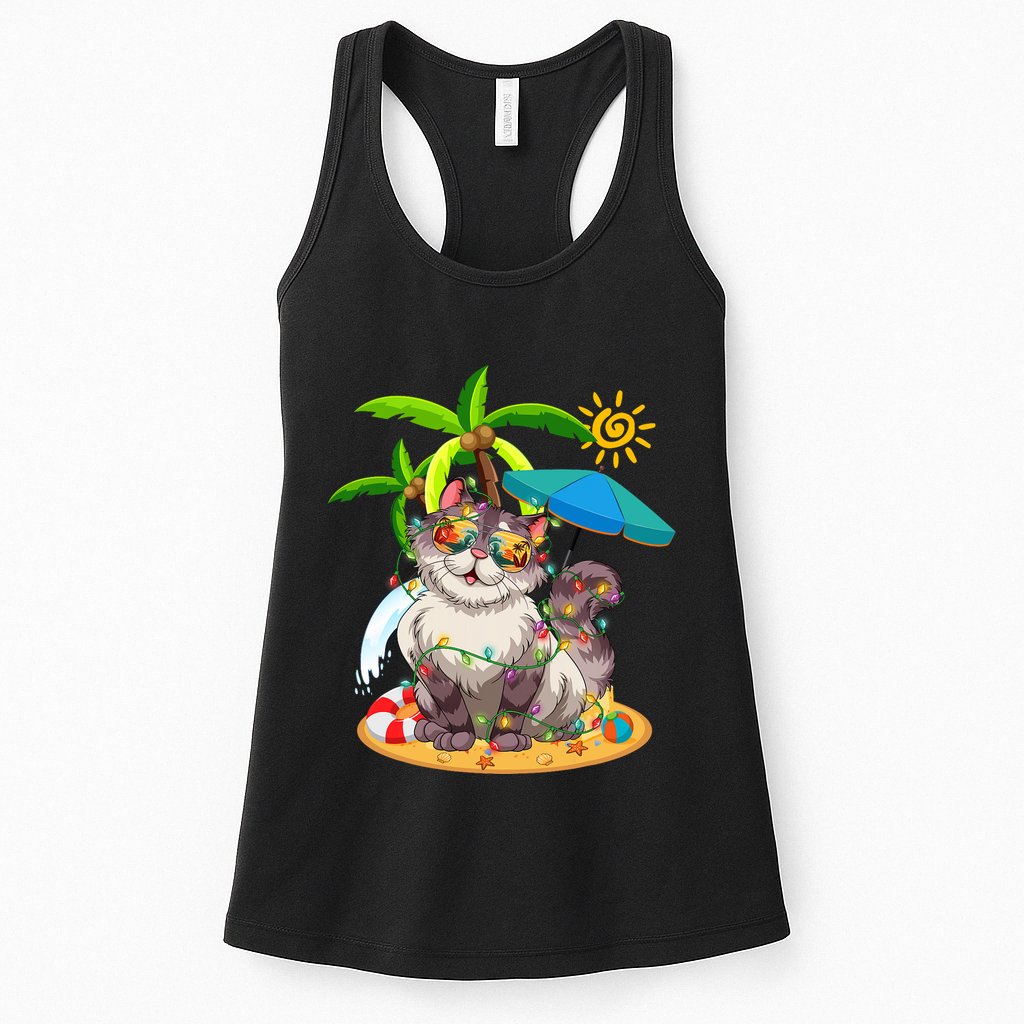 Cute Cat & Xmas Lights Palm Tree Christmas In July Summer Womens Tank Top