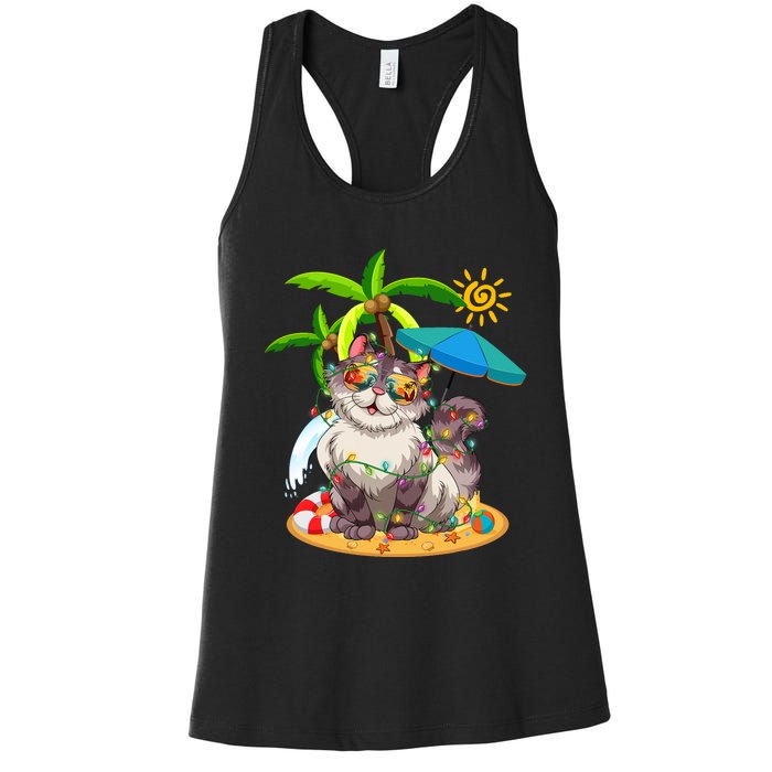 Cute Cat & Xmas Lights Palm Tree Christmas In July Summer Women's Racerback Tank