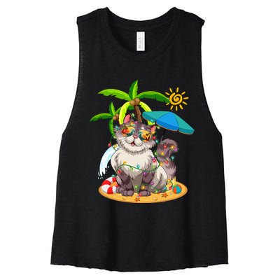 Cute Cat & Xmas Lights Palm Tree Christmas In July Summer Women's Racerback Cropped Tank