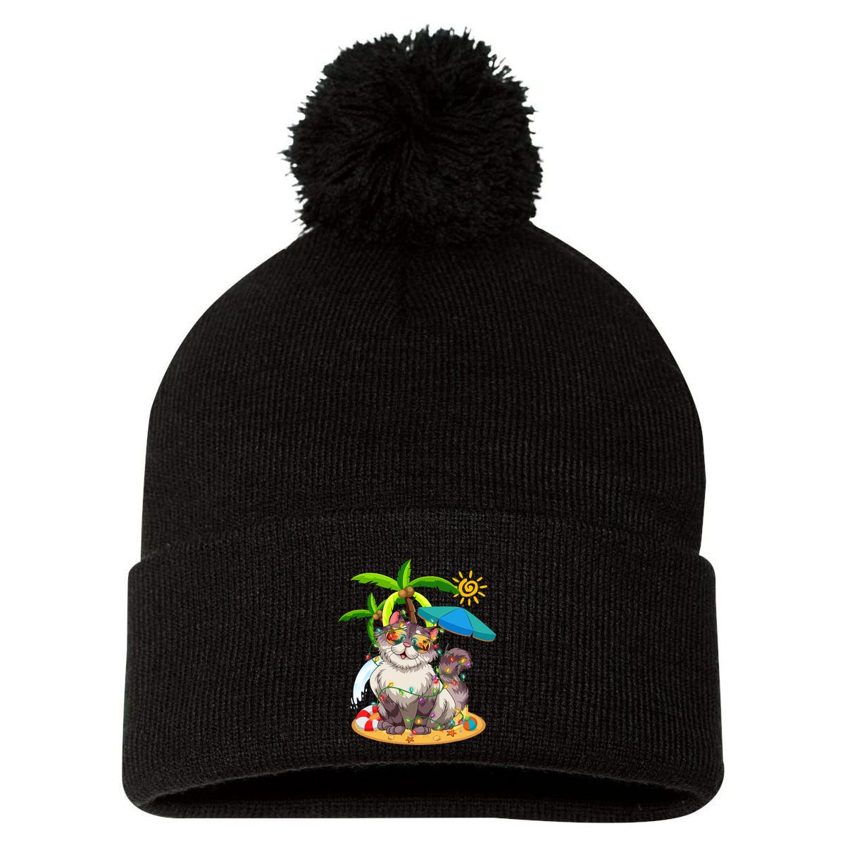 Cute Cat & Xmas Lights Palm Tree Christmas In July Summer Pom Pom 12in Knit Beanie