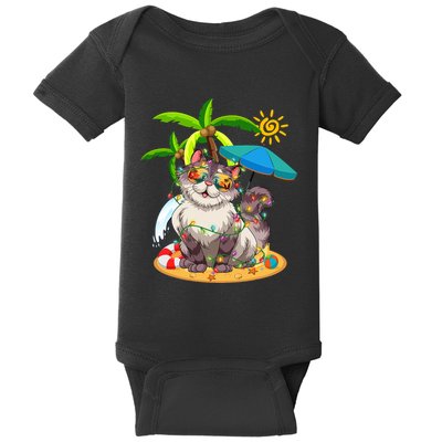 Cute Cat & Xmas Lights Palm Tree Christmas In July Summer Baby Bodysuit
