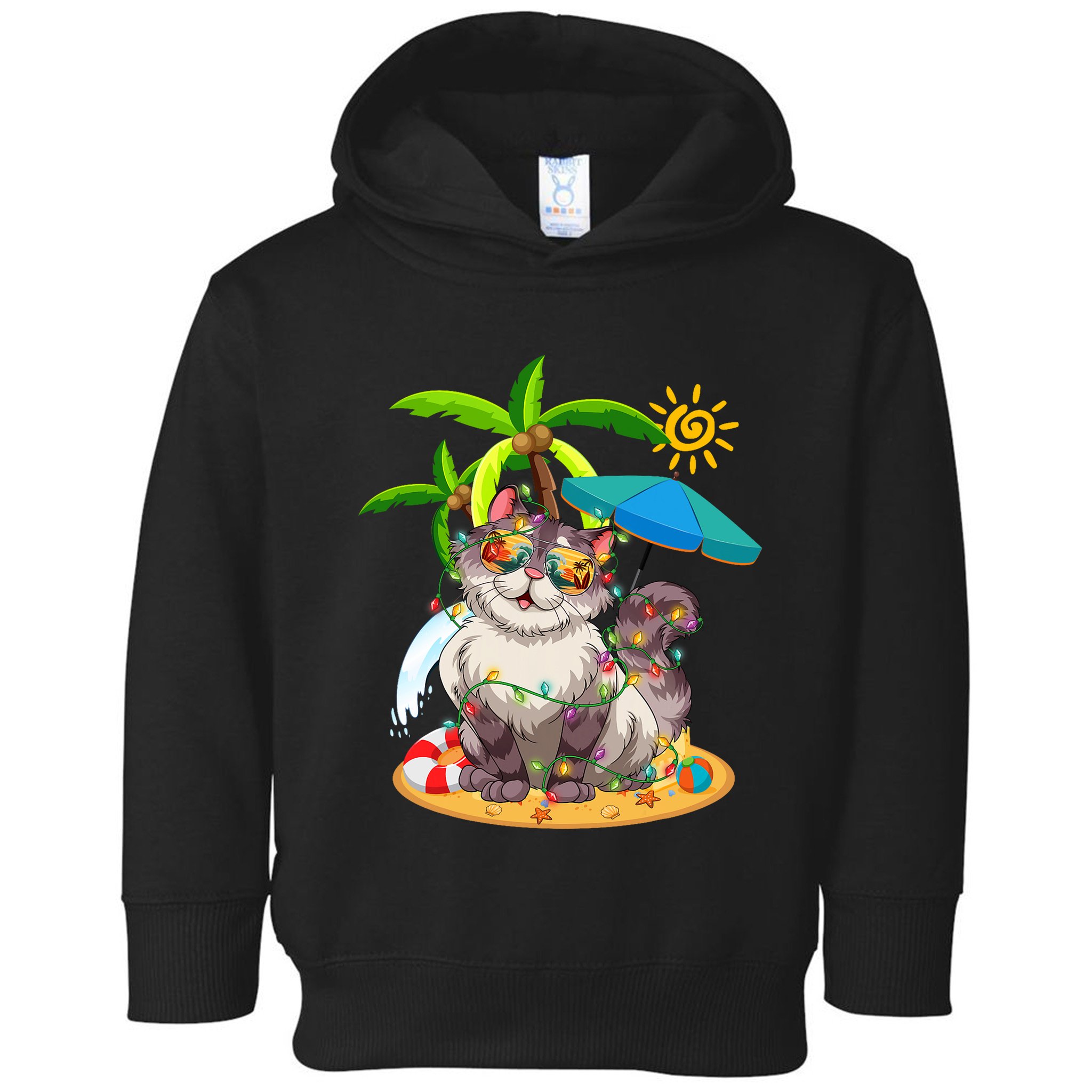 Cute Cat & Xmas Lights Palm Tree Christmas In July Summer Toddler Hoodie
