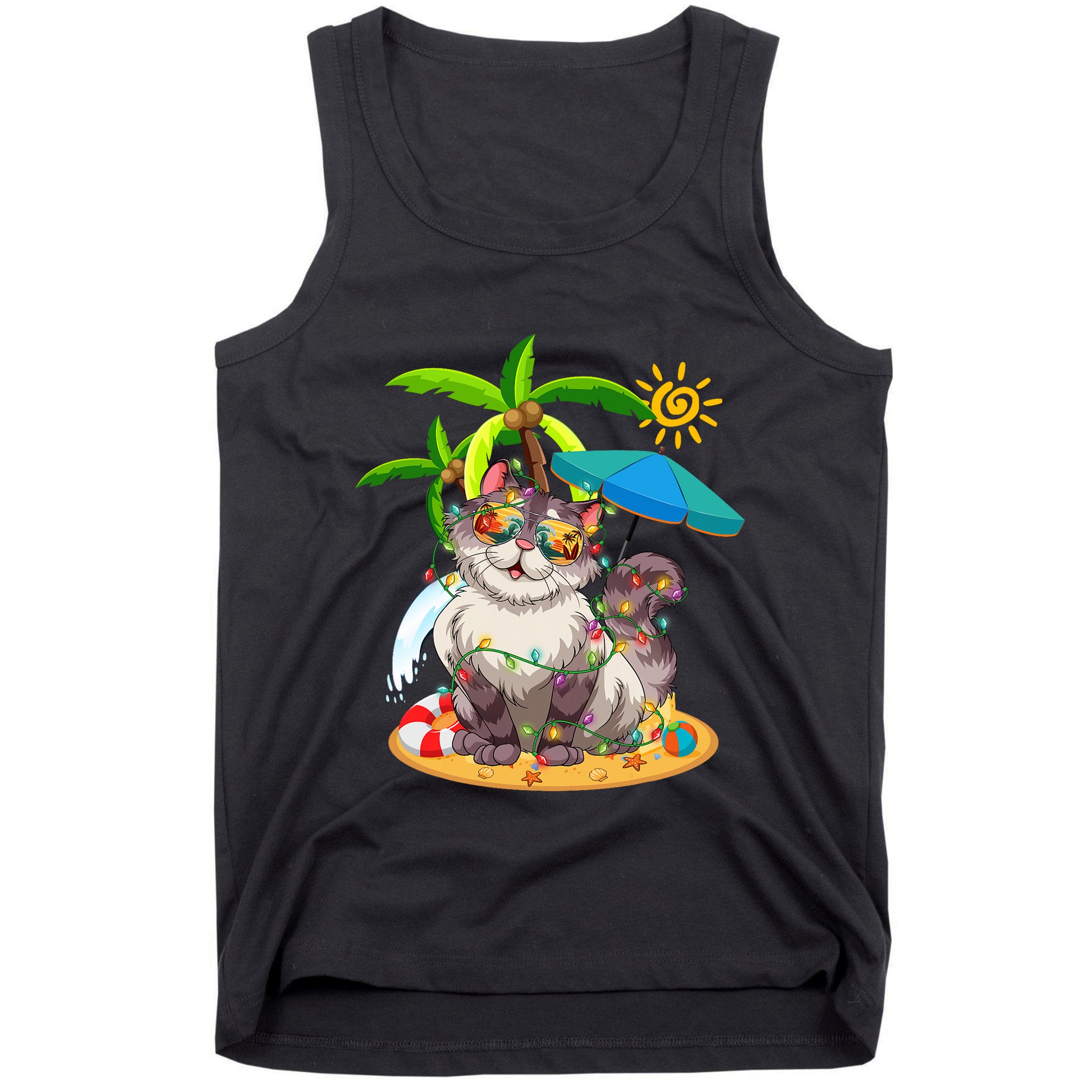 Cute Cat & Xmas Lights Palm Tree Christmas In July Summer Tank Top