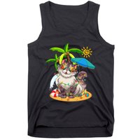 Cute Cat & Xmas Lights Palm Tree Christmas In July Summer Tank Top