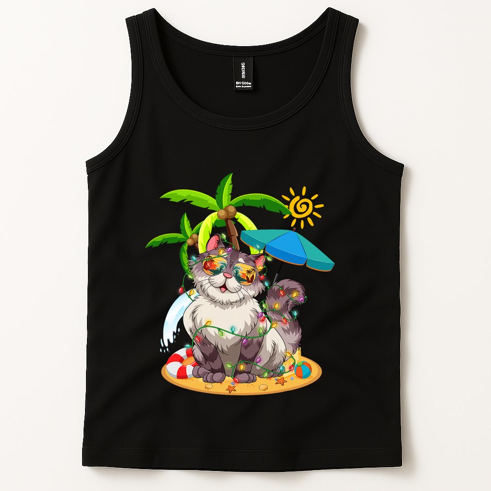 Cute Cat & Xmas Lights Palm Tree Christmas In July Summer Tank Top
