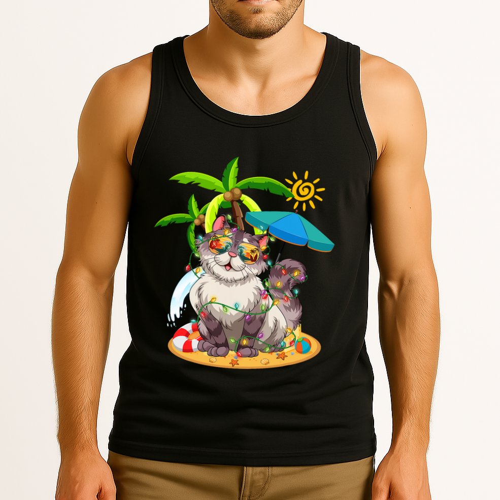 Cute Cat & Xmas Lights Palm Tree Christmas In July Summer Tank Top