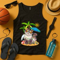 Cute Cat & Xmas Lights Palm Tree Christmas In July Summer Tank Top