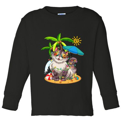 Cute Cat & Xmas Lights Palm Tree Christmas In July Summer Toddler Long Sleeve Shirt