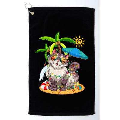 Cute Cat & Xmas Lights Palm Tree Christmas In July Summer Golf Towel