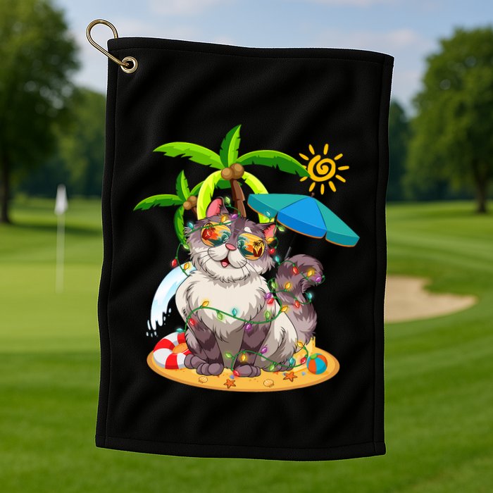 Cute Cat & Xmas Lights Palm Tree Christmas In July Summer Golf Towel