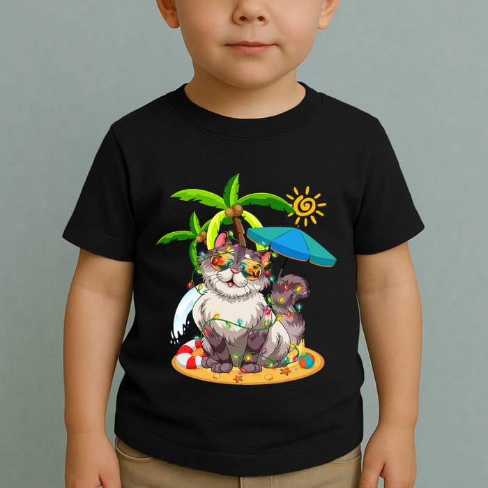 Cute Cat & Xmas Lights Palm Tree Christmas In July Summer Toddler T-Shirt