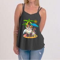 Cute Cat & Xmas Lights Palm Tree Christmas In July Summer Women's Strappy Tank