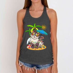 Cute Cat & Xmas Lights Palm Tree Christmas In July Summer Women's Knotted Racerback Tank