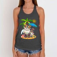 Cute Cat & Xmas Lights Palm Tree Christmas In July Summer Women's Knotted Racerback Tank