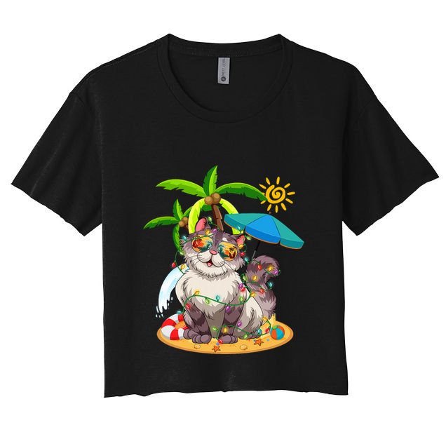Cute Cat & Xmas Lights Palm Tree Christmas In July Summer Crop Top