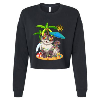 Cute Cat & Xmas Lights Palm Tree Christmas In July Summer Cropped Pullover Crew