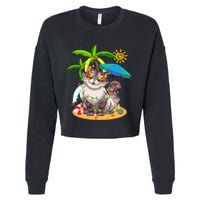 Cute Cat & Xmas Lights Palm Tree Christmas In July Summer Cropped Pullover Crew