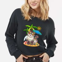 Cute Cat & Xmas Lights Palm Tree Christmas In July Summer Cropped Pullover Crew