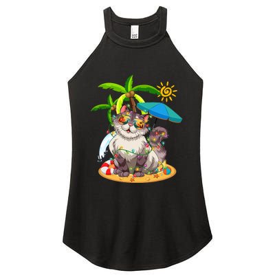 Cute Cat & Xmas Lights Palm Tree Christmas In July Summer Women's Perfect Tri Rocker Tank