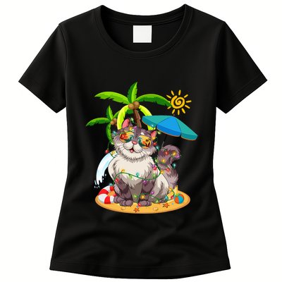 Cute Cat & Xmas Lights Palm Tree Christmas In July Summer Womens T-Shirt