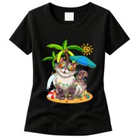 Cute Cat & Xmas Lights Palm Tree Christmas In July Summer Womens T-Shirt