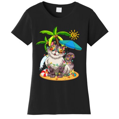 Cute Cat & Xmas Lights Palm Tree Christmas In July Summer Women's T-Shirt