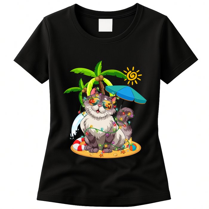 Cute Cat & Xmas Lights Palm Tree Christmas In July Summer Womens T-Shirt