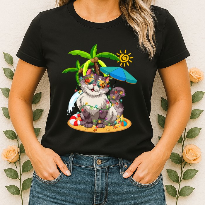 Cute Cat & Xmas Lights Palm Tree Christmas In July Summer Womens T-Shirt